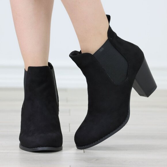 Womens Ankle Boots High Heel Black Elastic Gore Synthetic Suede Round Toe - Picture 5 of 10